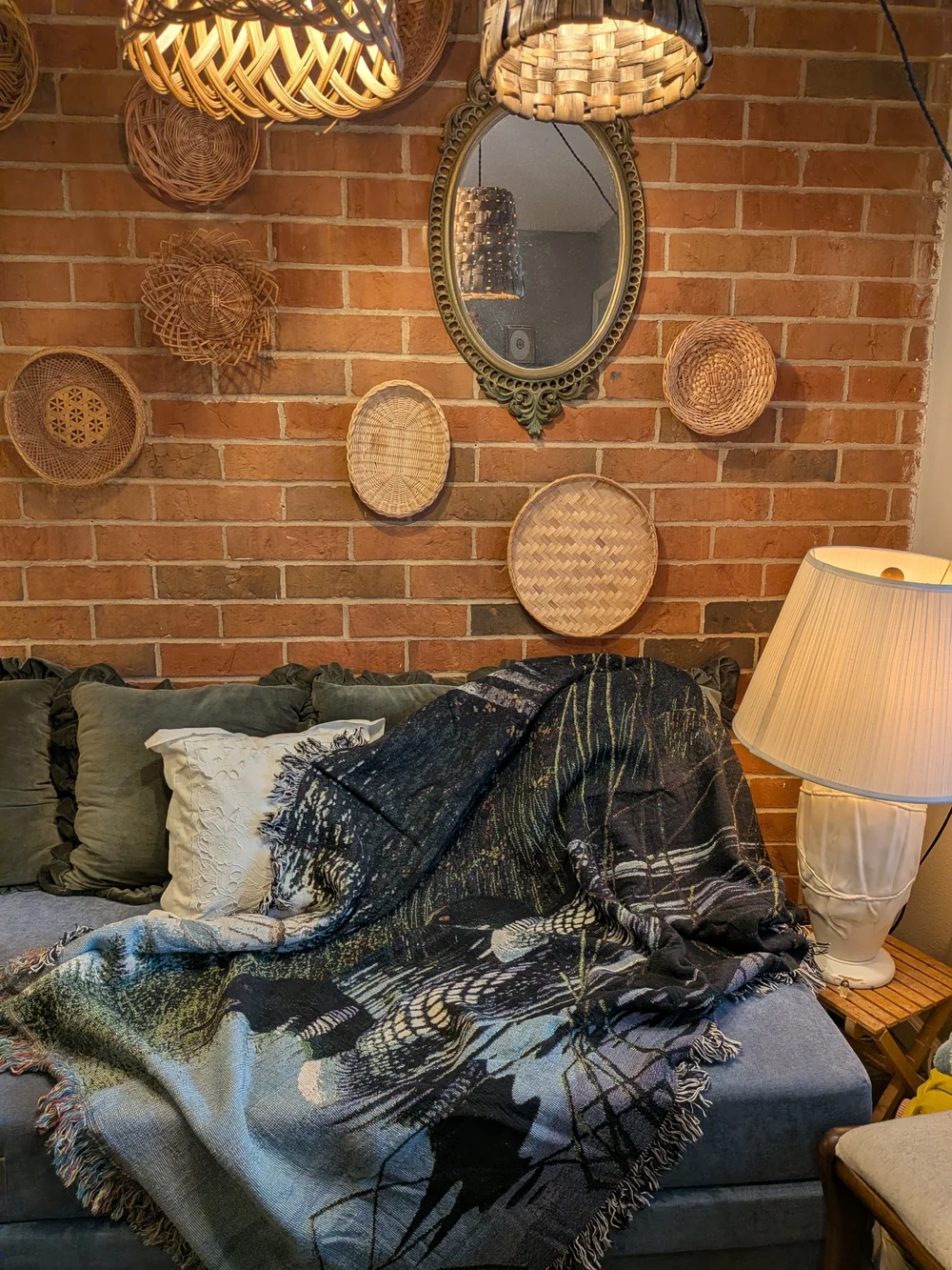 Woven Fringed Loons Throw Blanket in Black and Blue
